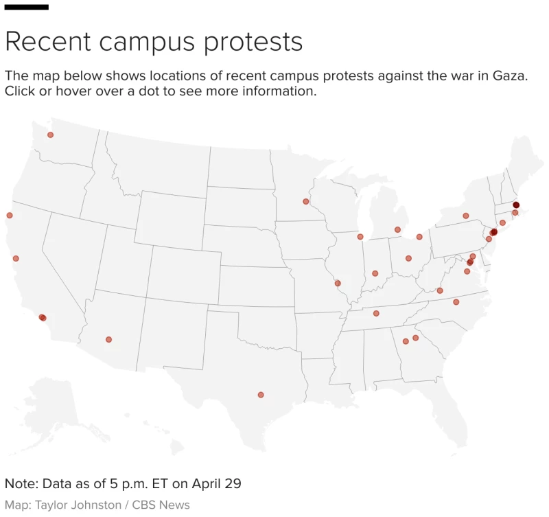 U.S. map showing locations of recent campus protests.